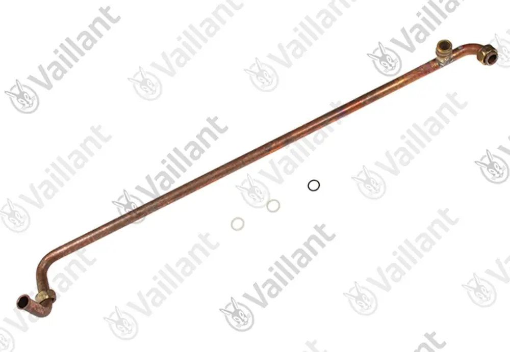 Kupferrohr von Vaillant mit zwei Biegungen und drei Anschlussmöglichkeiten. Enthalten sind zwei Dichtungen.